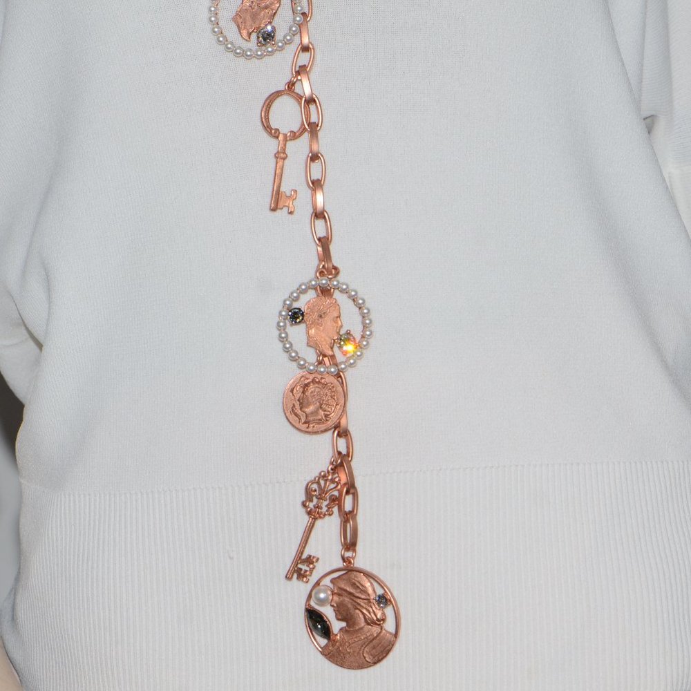 Oscar De La Renta Copper Finish Vintage Style Long Coin Necklace - Picture 2 of 9